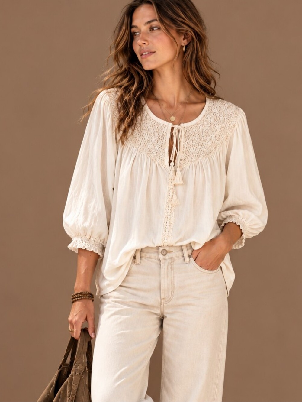 NEW In Package EVEREVE Julietta Smocked Embroidered Boho Cotton Poplin Blouse M